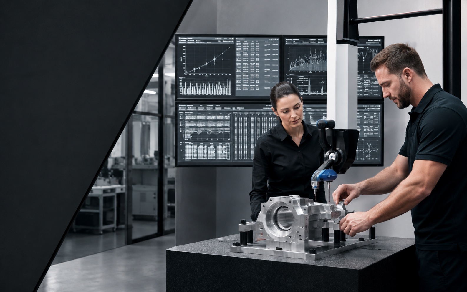 Quality specialists analysing operational records while verifying a precision component