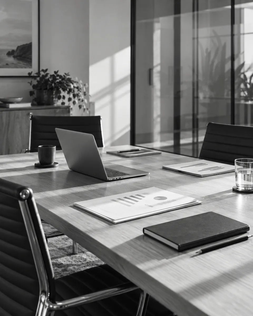 Illustrative monochrome project workspace with three seats, a laptop and organised documents.
