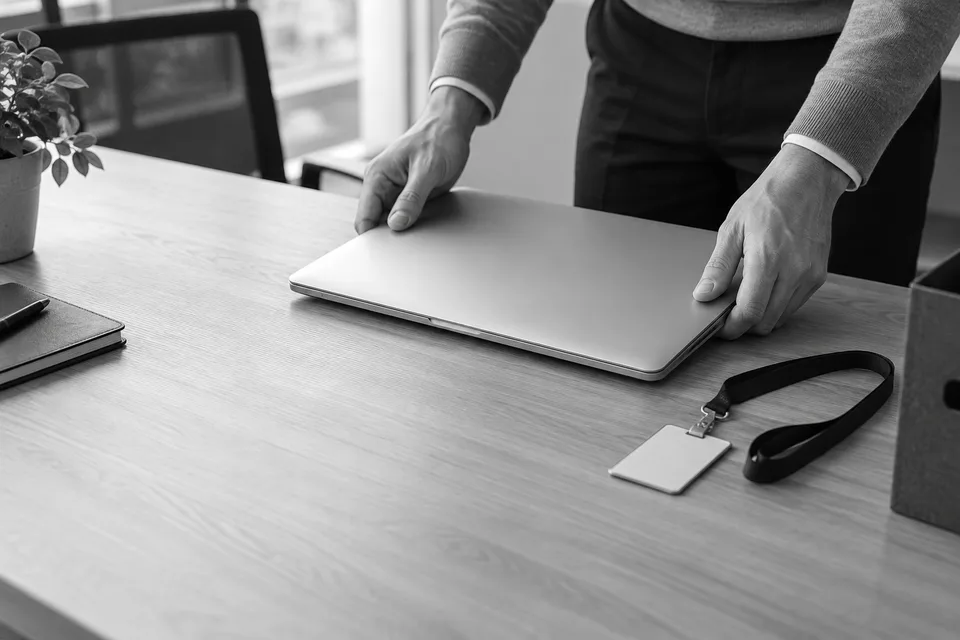 Illustrative scene of a person returning a closed company laptop and access badge.
